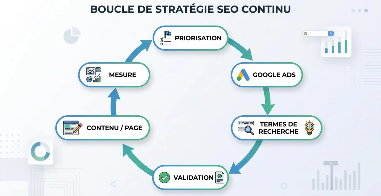Boucle d’apprentissage entre termes de recherche Google Ads, contenu SEO et mesure