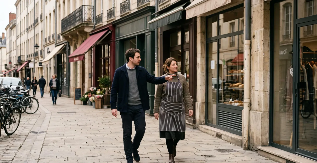 Un consultant SEO et une commerçante marchent sur un trottoir de Nancy en discutant devant des commerces locaux.