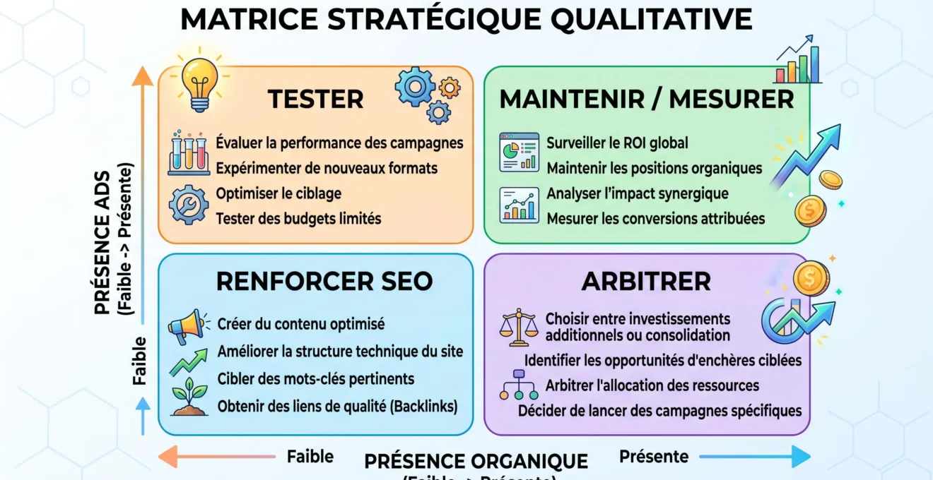 Matrice de couverture entre résultats organiques et annonces Google Ads