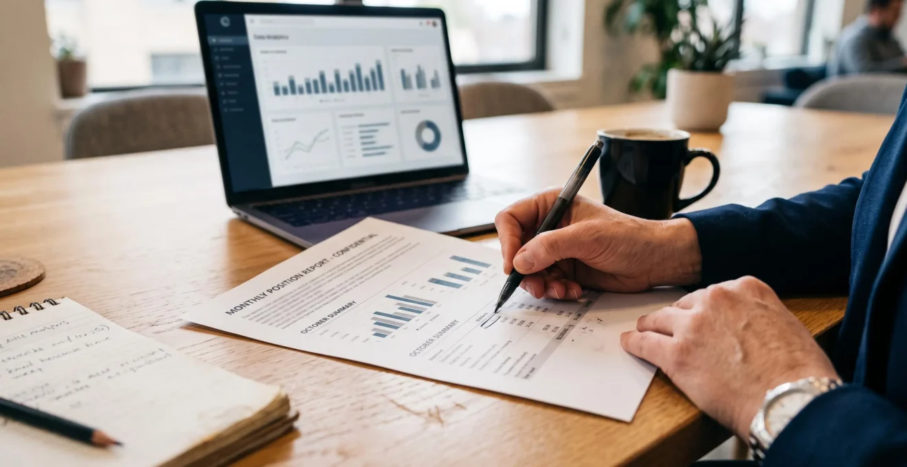 Une main de consultant pointe un rapport mensuel de positions imprimé posé sur un bureau à côté d'un ordinateur portable.