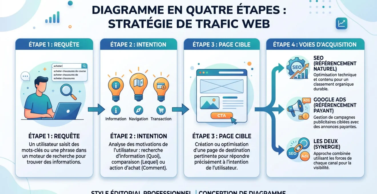 Diagramme reliant une requête à son intention, sa page cible et son canal SEO ou Google Ads