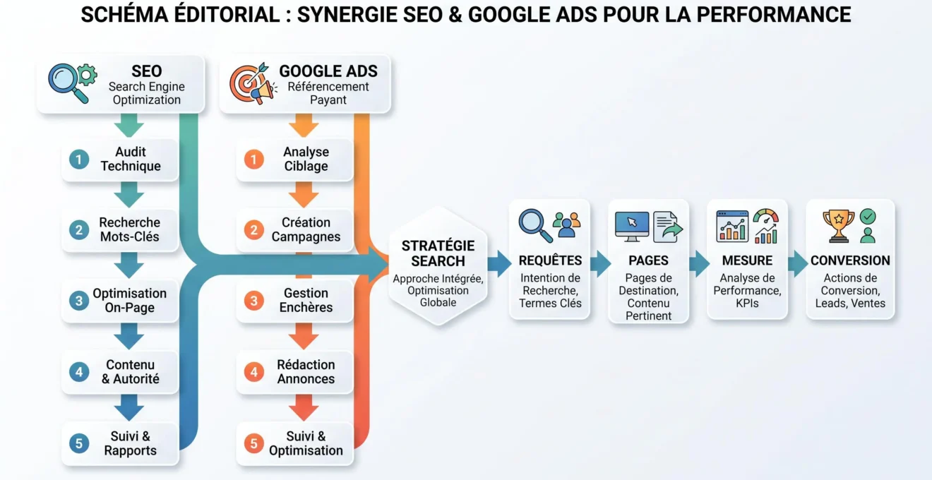 Schéma montrant le SEO et Google Ads reliés à une même stratégie d’acquisition Search