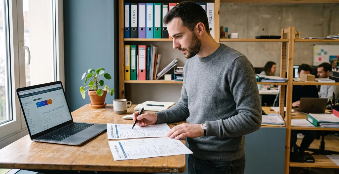 Un technicien SEO compare deux checklists d'audit imprimées sur un bureau debout dans un petit bureau d'agence.